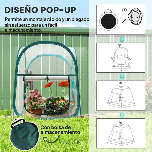 Outsunny Mini Estufa Dobrável Pop-up Estufa Exterior Transparente com Porta Enrolável e Cobertura de Plástico Contra o Vento para Cultivar Plantas e Flores 70x70x80 cm Transparente