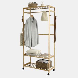 Cabideiro de bambu com 4 rodízios, ideal para quarto, banheiro ou closet aberto, cor marrom, 78x169x37 cm