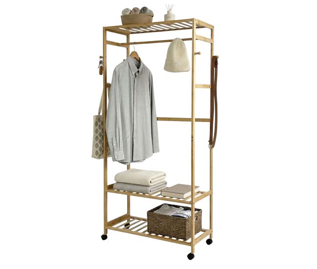 Perchero bambú take dormitorio, baño, vestidor abierto con 4 ruedas marrón 78x169x37 cm