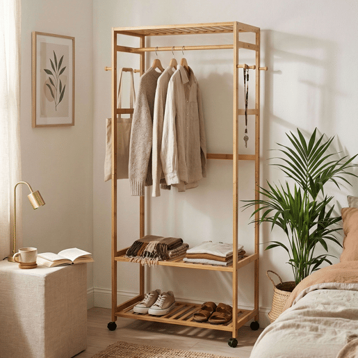 Cabideiro de bambu com 4 rodízios, ideal para quarto, banheiro ou closet aberto, cor marrom, 78x169x37 cm