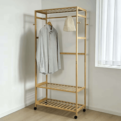 Cabideiro de bambu com 4 rodízios, ideal para quarto, banheiro ou closet aberto, cor marrom, 78x169x37 cm