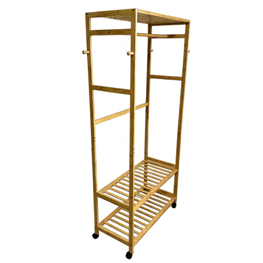 Cabideiro de bambu com 4 rodízios, ideal para quarto, banheiro ou closet aberto, cor marrom, 78x169x37 cm