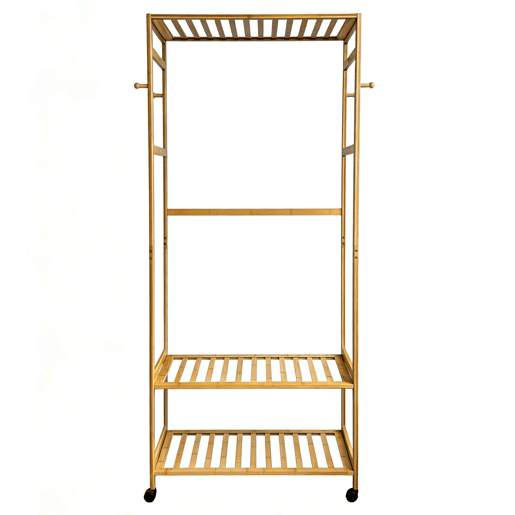 Cabideiro de bambu com 4 rodízios, ideal para quarto, banheiro ou closet aberto, cor marrom, 78x169x37 cm