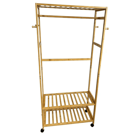 Cabideiro de bambu com 4 rodízios, ideal para quarto, banheiro ou closet aberto, cor marrom, 78x169x37 cm