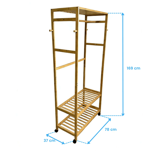 Cabideiro de bambu com 4 rodízios, ideal para quarto, banheiro ou closet aberto, cor marrom, 78x169x37 cm