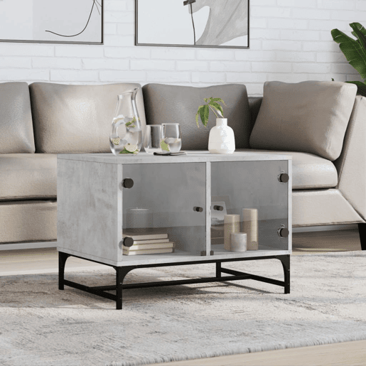 Mesa de Centro, Mesa baixa c portas de vidro 68,5x50x50 cm cinza cimento