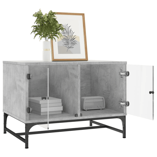 Mesa de Centro, Mesa baixa c portas de vidro 68,5x50x50 cm cinza cimento