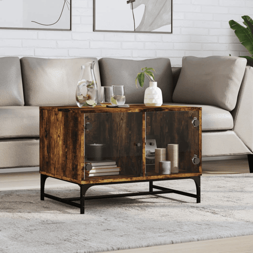 Mesa de Centro, Mesa baixa c portas de vidro 68,5x50x50 cm carvalho fumado