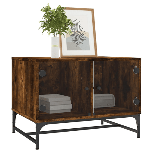 Mesa de Centro, Mesa baixa c portas de vidro 68,5x50x50 cm carvalho fumado