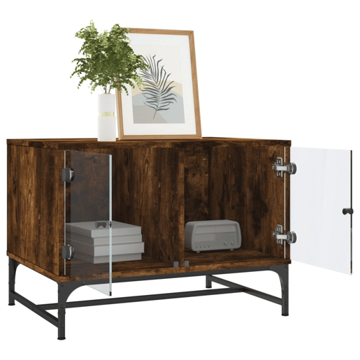 Mesa de Centro, Mesa baixa c portas de vidro 68,5x50x50 cm carvalho fumado