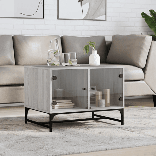 Mesa de Centro, Mesa baixa, c portas de vidro 68,5x50x50 cm cinza sonoma
