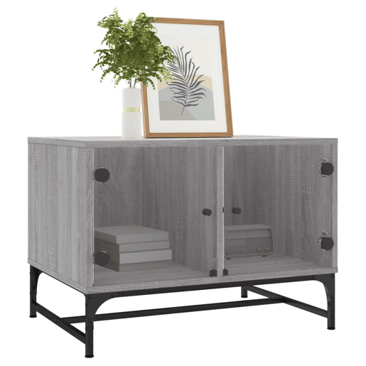Mesa de Centro, Mesa baixa, c portas de vidro 68,5x50x50 cm cinza sonoma