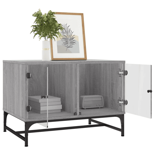 Mesa de Centro, Mesa baixa, c portas de vidro 68,5x50x50 cm cinza sonoma