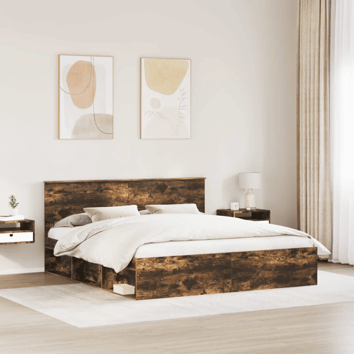 Estrutura de cama de casal com cabeceira - Carvalho Defumado 200 x 200 cm