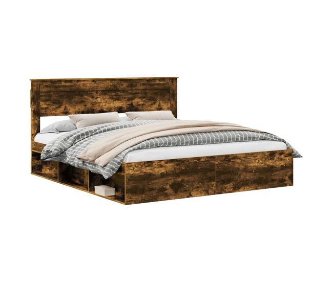 Estructura de cama matrimonial estilo con cabecera roble ahumado 200 x 200 cm