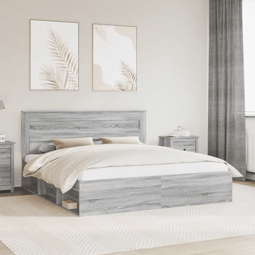 Estrutura de cama de casal king size com cabeceira - Cinza Sonoma 200 x 200 cm