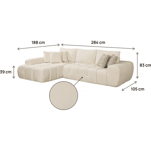 Sofá de canto esquerdo em tecido, estilo bubble, modelo Sidonie - 4 lugares - Bege Sofá de canto esquerdo em tecido, estilo bubble, modelo Sidonie - 4 lugares - Bege