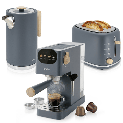Briebe SKT1209GRY Nordic Conjunto Máquina de Café de 20 Bar Cápsulas e Café Moído + Chaleira Elétrica 1,7L + Torradeira de Pão 2 Fendas Largas, 1350, Cinza