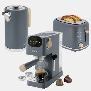 Briebe SKT1209GRY Nordic Conjunto Máquina de Café de 20 Bar Cápsulas e Café Moído + Chaleira Elétrica 1,7L + Torradeira de Pão 2 Fendas Largas, 1350, Cinza