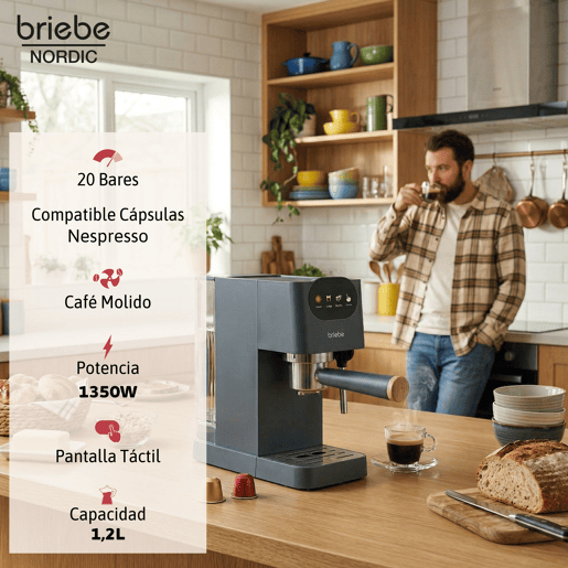 Briebe SKT1209GRY Nordic Conjunto Máquina de Café de 20 Bar Cápsulas e Café Moído + Chaleira Elétrica 1,7L + Torradeira de Pão 2 Fendas Largas, 1350, Cinza