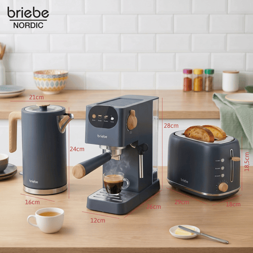 Briebe SKT1209GRY Nordic Conjunto Máquina de Café de 20 Bar Cápsulas e Café Moído + Chaleira Elétrica 1,7L + Torradeira de Pão 2 Fendas Largas, 1350, Cinza