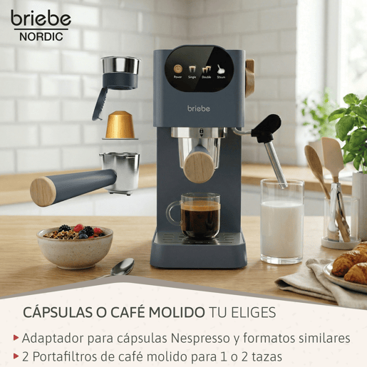 Briebe SKT1209GRY Nordic Conjunto Máquina de Café de 20 Bar Cápsulas e Café Moído + Chaleira Elétrica 1,7L + Torradeira de Pão 2 Fendas Largas, 1350, Cinza
