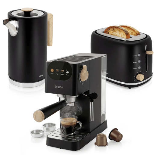 Briebe SKT1209BLK Nordic Conjunto Máquina de Café de 20 Bar Cápsulas e Café Moído + Chaleira Elétrica 1,7L + Torradeira de Pão 2 Fendas Largas, 1350, Preto