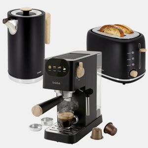 Briebe SKT1209BLK Nordic Conjunto Máquina de Café de 20 Bar Cápsulas e Café Moído + Chaleira Elétrica 1,7L + Torradeira de Pão 2 Fendas Largas, 1350, Preto