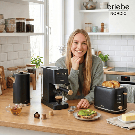Briebe SKT1209BLK Nordic Conjunto Máquina de Café de 20 Bar Cápsulas e Café Moído + Chaleira Elétrica 1,7L + Torradeira de Pão 2 Fendas Largas, 1350, Preto