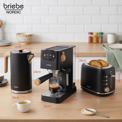 Briebe SKT1209BLK Nordic Conjunto Máquina de Café de 20 Bar Cápsulas e Café Moído + Chaleira Elétrica 1,7L + Torradeira de Pão 2 Fendas Largas, 1350, Preto
