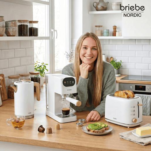 Briebe SKT1209WHT Nordic Conjunto Máquina de Café de 20 Bar Cápsulas e Café Moído + Chaleira Elétrica 1,7L + Torradeira de Pão 2 Fendas Largas, 1350, Branco