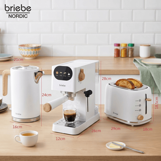 Briebe SKT1209WHT Nordic Conjunto Máquina de Café de 20 Bar Cápsulas e Café Moído + Chaleira Elétrica 1,7L + Torradeira de Pão 2 Fendas Largas, 1350, Branco