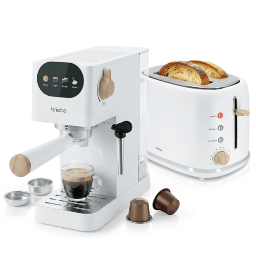 Briebe SKT1221WHT Nordic Conjunto Máquina de Café 20 Bar Cápsulas e Café Moído + Torradeira de Pão 2 Fendas Largas, 1350, Branco