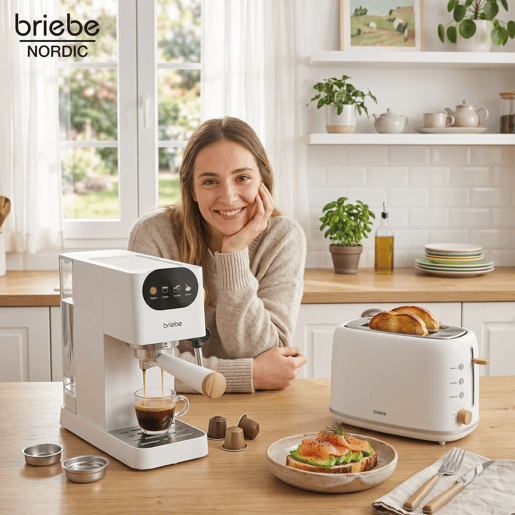 Briebe SKT1221WHT Nordic Conjunto Máquina de Café 20 Bar Cápsulas e Café Moído + Torradeira de Pão 2 Fendas Largas, 1350, Branco