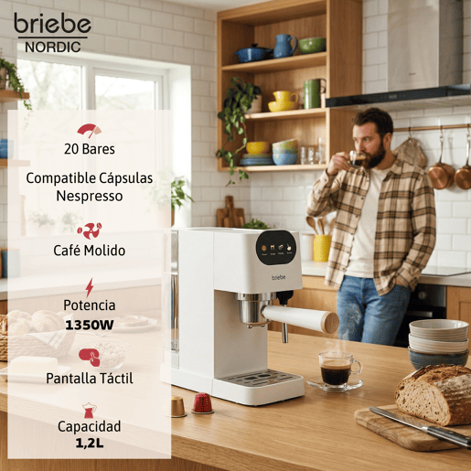 Briebe SKT1221WHT Nordic Conjunto Máquina de Café 20 Bar Cápsulas e Café Moído + Torradeira de Pão 2 Fendas Largas, 1350, Branco