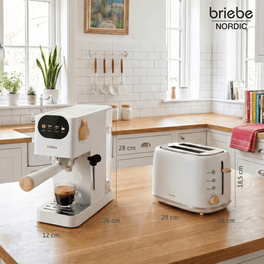 Briebe SKT1221WHT Nordic Conjunto Máquina de Café 20 Bar Cápsulas e Café Moído + Torradeira de Pão 2 Fendas Largas, 1350, Branco