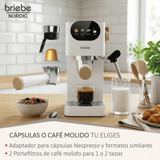 Briebe SKT1221WHT Nordic Conjunto Máquina de Café 20 Bar Cápsulas e Café Moído + Torradeira de Pão 2 Fendas Largas, 1350, Branco