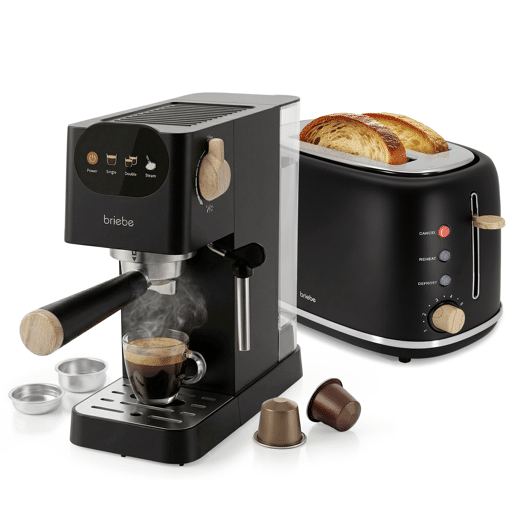 Briebe SKT1221BLK Nordic Conjunto Máquina de Café 20 Bar Cápsulas e Café Moído + Torradeira de Pão 2 Fendas Largas, 1350, Preto