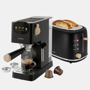 Briebe SKT1221BLK Nordic Conjunto Máquina de Café 20 Bar Cápsulas e Café Moído + Torradeira de Pão 2 Fendas Largas, 1350, Preto