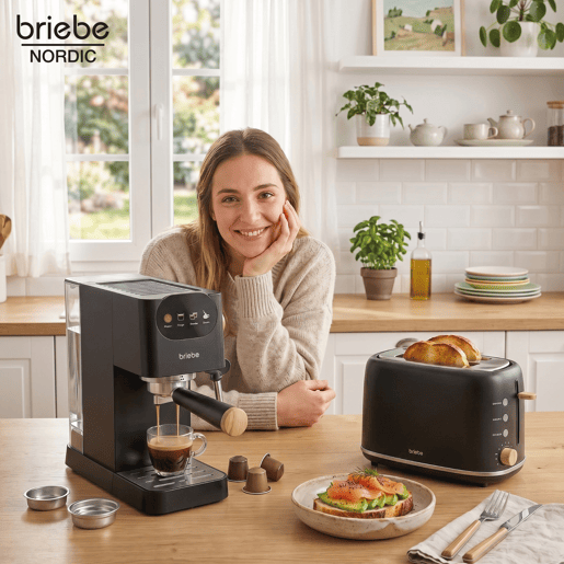 Briebe SKT1221BLK Nordic Conjunto Máquina de Café 20 Bar Cápsulas e Café Moído + Torradeira de Pão 2 Fendas Largas, 1350, Preto