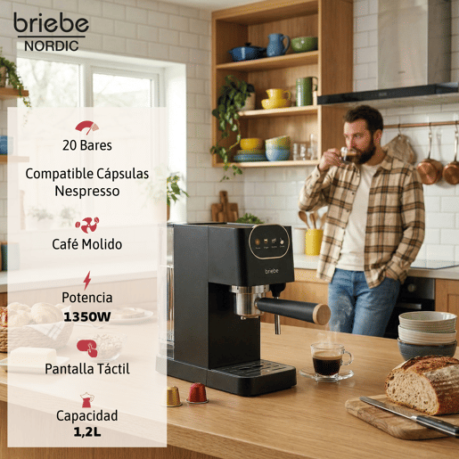 Briebe SKT1221BLK Nordic Conjunto Máquina de Café 20 Bar Cápsulas e Café Moído + Torradeira de Pão 2 Fendas Largas, 1350, Preto