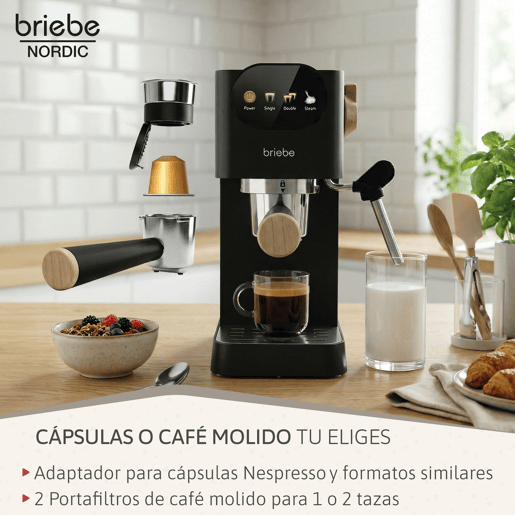 Briebe SKT1221BLK Nordic Conjunto Máquina de Café 20 Bar Cápsulas e Café Moído + Torradeira de Pão 2 Fendas Largas, 1350, Preto