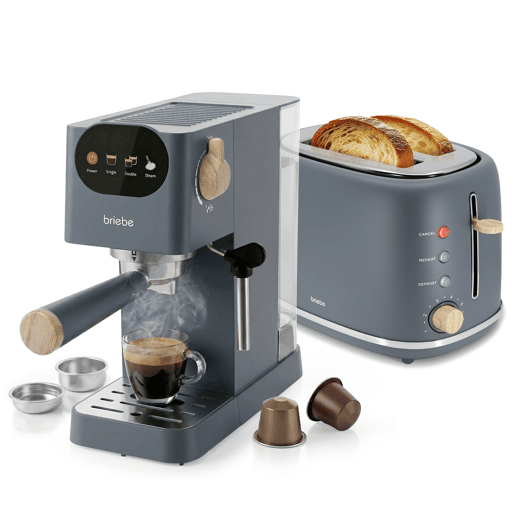 Briebe SKT1221GRY Nordic Conjunto Máquina de Café 20 Bar Cápsulas e Café Moído + Torradeira de Pão 2 Fendas Largas, 1350, Cinza