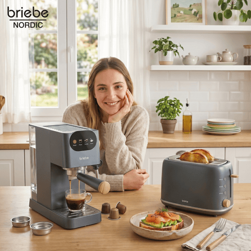 Briebe SKT1221GRY Nordic Conjunto Máquina de Café 20 Bar Cápsulas e Café Moído + Torradeira de Pão 2 Fendas Largas, 1350, Cinza