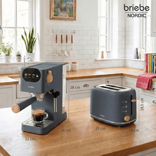 Briebe SKT1221GRY Nordic Conjunto Máquina de Café 20 Bar Cápsulas e Café Moído + Torradeira de Pão 2 Fendas Largas, 1350, Cinza