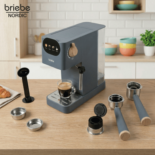 Briebe SKT1221GRY Nordic Conjunto Máquina de Café 20 Bar Cápsulas e Café Moído + Torradeira de Pão 2 Fendas Largas, 1350, Cinza