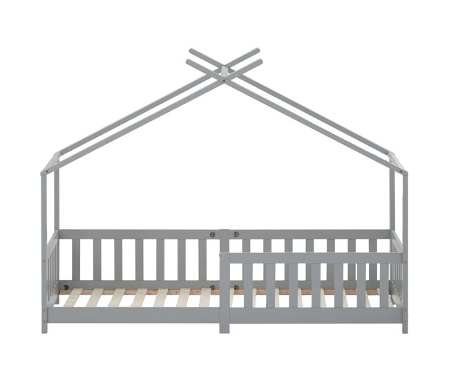 Cama infantil cabina 90x200cm de madera maciza con protección contra caídas y somier de láminas - gris