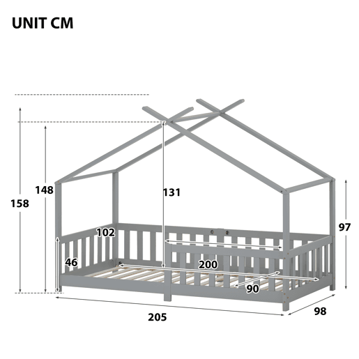 Cabina-cama para crianças 90x200cm em madeira maciça com proteção anti-queda e estrado de ripas - Cinzento