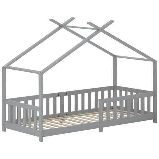 Cabina-cama para crianças 90x200cm em madeira maciça com proteção anti-queda e estrado de ripas - Cinzento