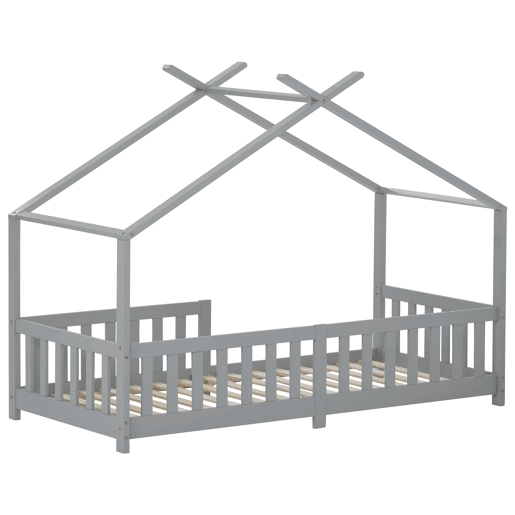 Cabina-cama para crianças 90x200cm em madeira maciça com proteção anti-queda e estrado de ripas - Cinzento